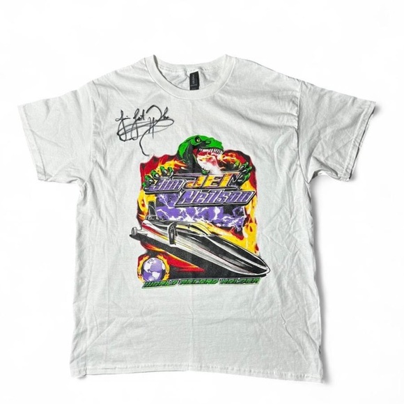 Gildan Vintage Signed White Short Sleeve Tee Racing Graphic - Picture 1 of 6